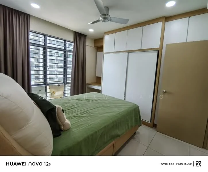 Bedroom features: queen-size bed with green bedding, upholstered headboard, built-in wardrobe with sliding doors, cream painted walls, floor-to-ceiling windows, curtains, ceiling fan, tile flooring, nightstand, decorative wall art; style: modern; view: city.