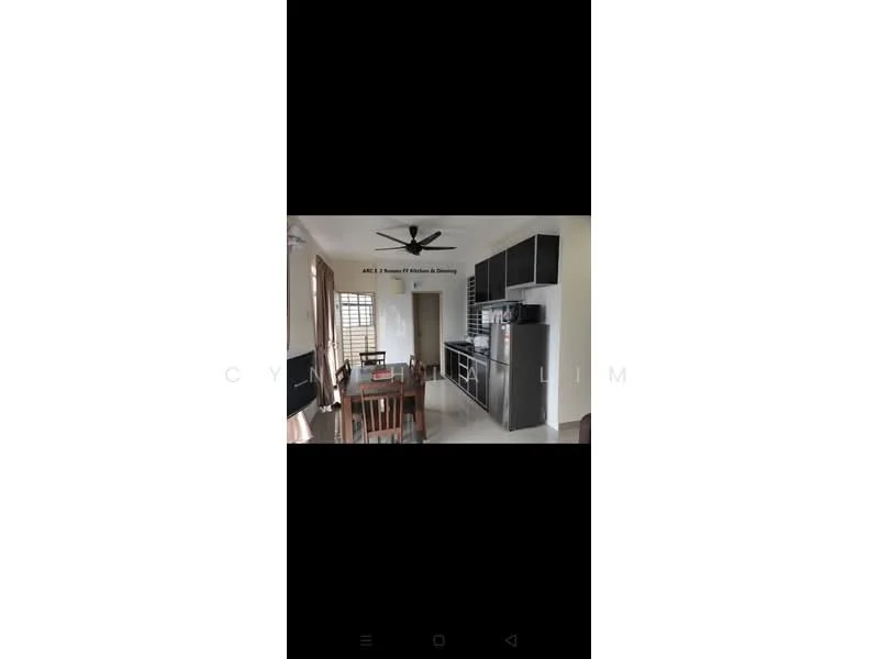 Kitchen features: black cabinetry, white countertop, stainless-steel fridge, built-in oven, 4-burner gas hob, ceiling fan, dining table with chairs, window with blinds, tile flooring, wall-mounted cabinets, open shelving; style: modern.