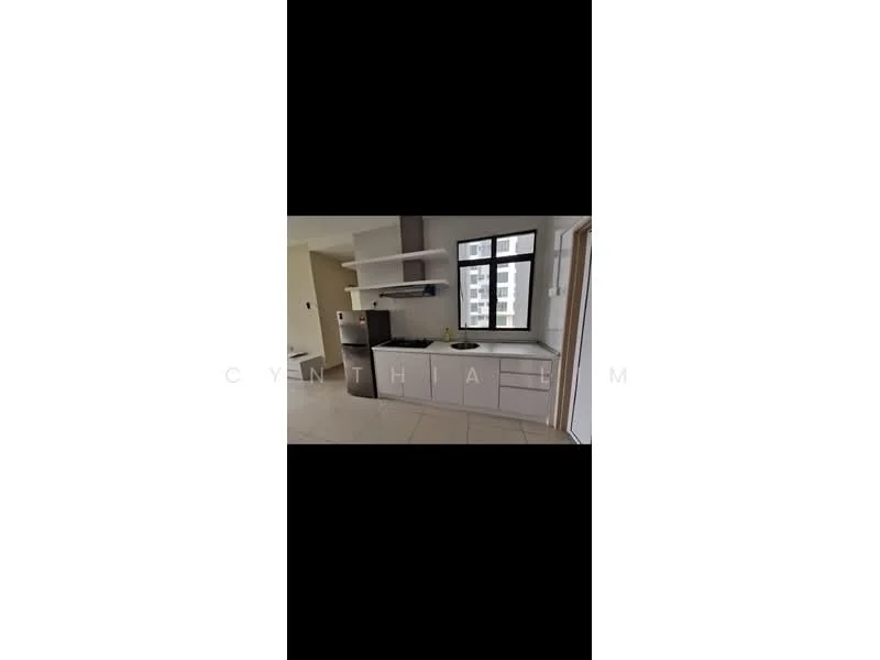 Kitchen features: white cabinetry, grey countertop, stainless-steel range hood, built-in oven, freestanding range oven, single-bowl stainless-steel sink, chrome pull-down faucet, open shelving, tile flooring, window with view, neutral wall colour; style: modern.