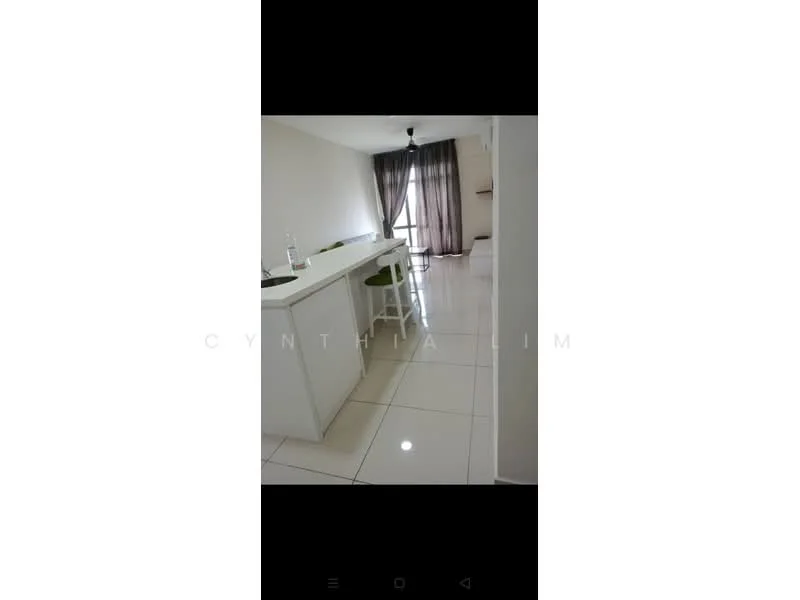 Room features: white walls, glossy white tile flooring, large windows with sheer curtains, ceiling fan, bar counter with stools, open layout, neutral color scheme, natural light; style: modern.