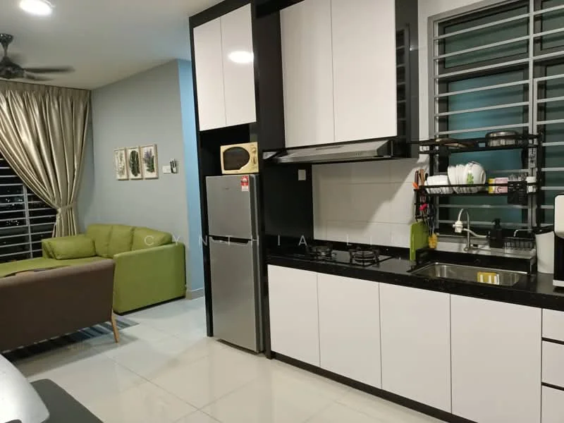 Kitchen features: white shaker cabinets, black granite countertop, stainless-steel fridge, built-in gas hob, single-bowl stainless-steel sink, chrome pull-down faucet, open shelving, microwave, wall-mounted split AC, ceramic tile flooring, recessed downlights; style: modern. Living features: 3-seater fabric sofa in green, 2-seater fabric sofa in brown, coffee table, decorative wall art, curtains, wall-mounted TV, area rug, ceiling fan; style: modern.