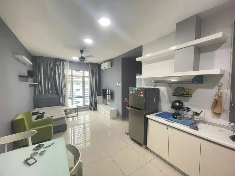 Living features: grey painted walls, white ceiling with recessed downlights, floor-to-ceiling windows with sheer curtains, 3-seater fabric sofa in grey, green accent chair, white dining table with chairs, stainless-steel fridge, built-in kitchen cabinets, white countertop, kitchen sink, stove with exhaust hood, wall-mounted air conditioning unit, decorative wall shelves; style: modern; view: city.