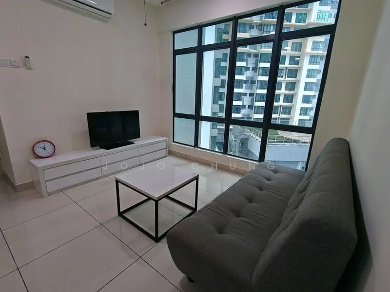 Living features: grey fabric sofa, white TV console, black wall-mounted TV, white coffee table, large floor-to-ceiling windows, white walls, tile flooring, air conditioning unit; style: modern; view: city.