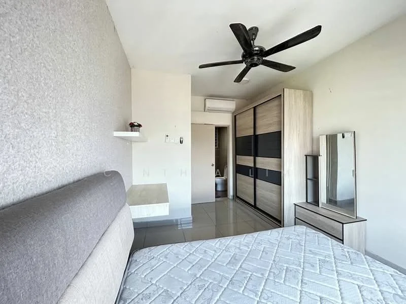 Bedroom features: queen-size bed, upholstered headboard, ceiling fan, built-in wardrobe with sliding doors, mirror on dresser, wall-mounted shelf, grey accent wall, tile flooring, air conditioning unit; style: modern.