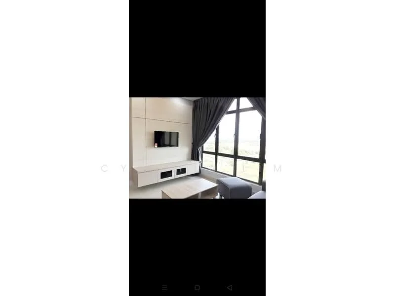 Living features: floor-to-ceiling windows, blackout curtains, white wall-mounted TV unit, light wood coffee table, grey upholstered armchair, decorative wall paneling, neutral wall color, view of outdoor landscape; style: modern; view: garden.