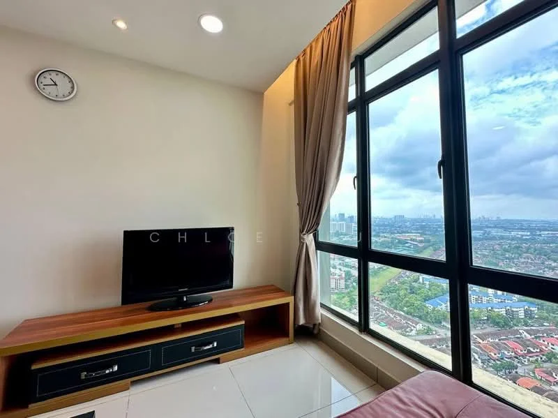 Living features: floor-to-ceiling windows, city view, wall-mounted TV, wooden TV console, cream curtains, recessed downlights, white walls, glossy tile flooring, clock on wall; style: modern.