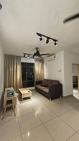 Living features: 3-seater fabric sofa in brown, coffee table, 2 wooden side tables, floor-to-ceiling windows, curtains in beige, recessed LED downlights, 5-blade ceiling fan, wall-mounted air conditioning unit, glossy tile flooring, neutral painted walls; style: modern.