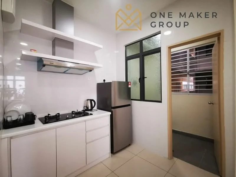 Kitchen features: white cabinetry, stainless-steel fridge, 4-burner gas hob, stainless-steel range hood, white countertop, ceramic tile flooring, wall-mounted cabinets, sink, window with frosted glass, kettle, coffee cups, dish rack; style: modern.