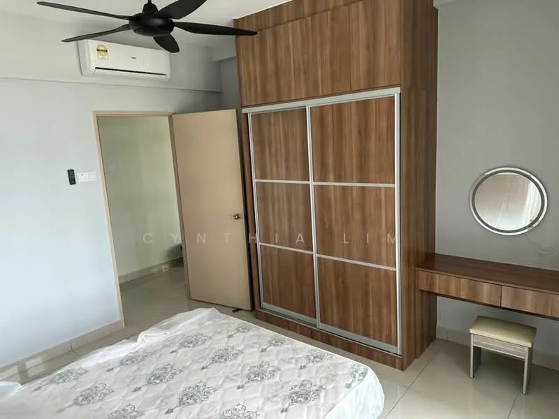 Bedroom features: queen-size bed, built-in wardrobe with sliding doors, wooden cabinetry, dressing table with mirror, wall-mounted mirror, ceiling fan, wall-mounted split AC, tile flooring, neutral wall color, door leading to hallway; style: modern.