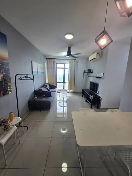 Living features: grey fabric sofa, white coffee table, black TV console, wall-mounted TV, floor-to-ceiling windows, sheer curtains, 5-blade ceiling fan with light, recessed downlights, glossy tile flooring, decorative wall art, air conditioning unit; style: modern; view: city.