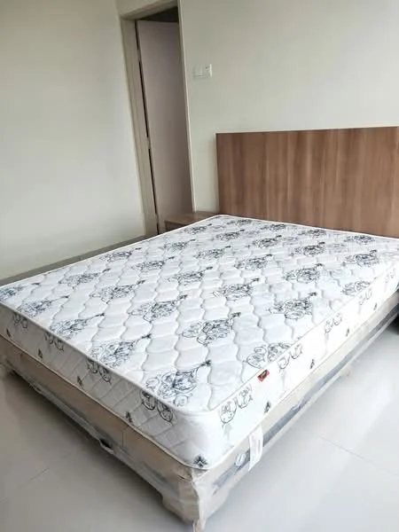 Bedroom features: queen-size bed with mattress, wooden headboard, light-colored walls, tile flooring, neutral color scheme, doorway leading to another room, minimalist decor; style: modern.