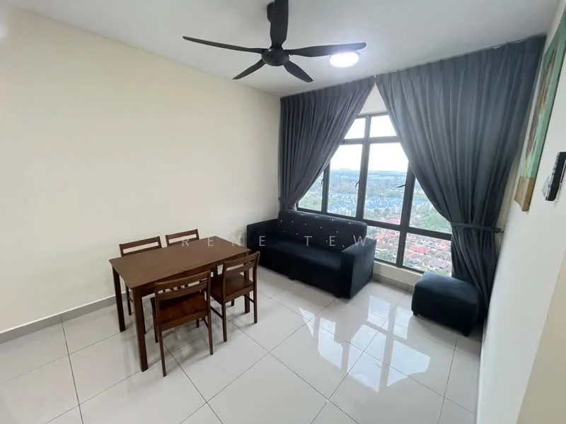 Dining features: 4-seater wooden dining table, 4 wooden dining chairs, black fabric sofa, floor-to-ceiling windows, grey curtains, white painted walls, glossy ceramic tile flooring, ceiling fan with light, city view; style: modern; view: city.
