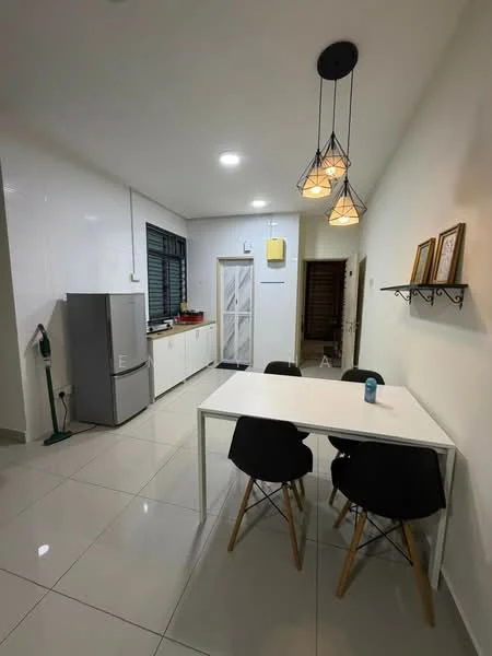 Dining features: white walls, glossy white tile flooring, 3-blade ceiling fan with light, pendant lighting with three lamps, white dining table, 4 black dining chairs with wooden legs, stainless-steel fridge, kitchen cabinetry with white finish, window with black frame, open layout to kitchen, decorative wall frames, clean minimalist decor; style: modern.
