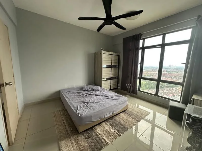 Bedroom features: queen-size bed with mattress, 5-blade ceiling fan, floor-to-ceiling windows, grey painted walls, tile flooring, curtains, area rug, built-in wardrobe; style: modern; view: city.