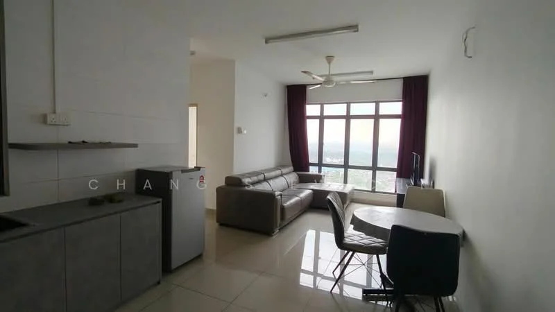 Living features: 3-seater leather sofa in grey, coffee table, wall-mounted TV, floor-to-ceiling windows, curtains in dark red, ceiling fan, tile flooring, white painted walls; style: modern; view: city. Kitchen features: grey cabinetry, stainless-steel fridge, sink, countertop, tile backsplash; style: modern.