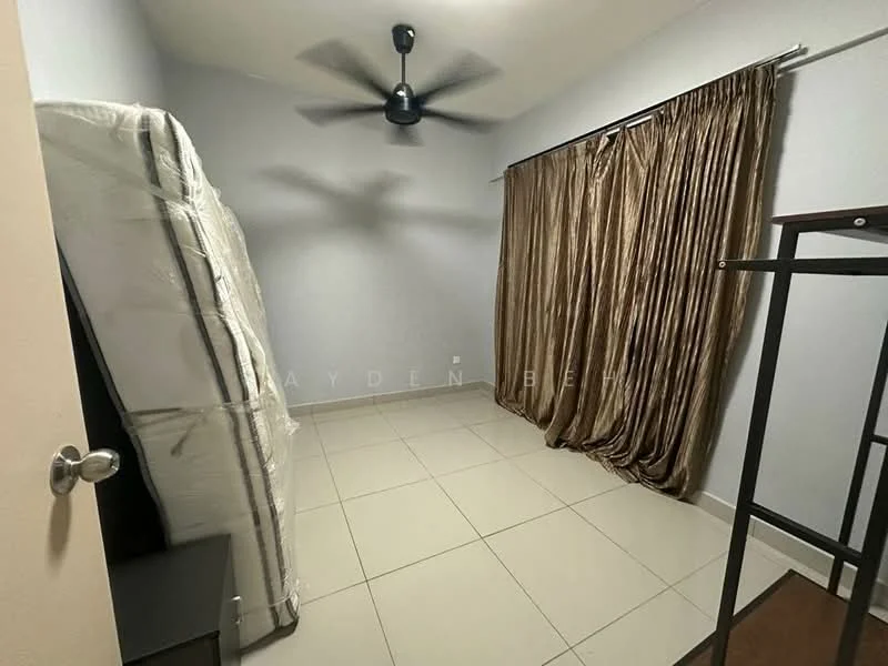 Bedroom features: ceiling fan, brown curtains, white walls, tile flooring, queen-size mattress, black metal bed frame, black bedside table, light from ceiling fan.