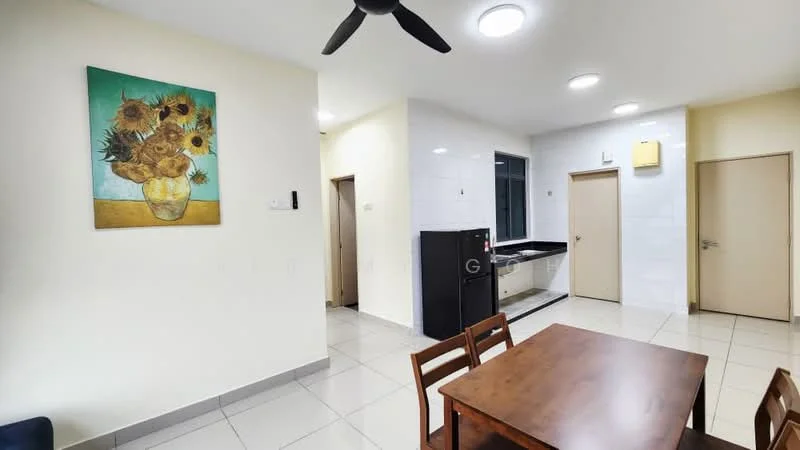 Dining features: wood dining table, 4 wooden dining chairs, white walls, tile flooring, ceiling fan, recessed downlights, framed artwork with sunflowers, open layout to kitchen, doorway to hallway, black refrigerator, kitchen area visible in background; style: modern. Kitchen features: black countertops, white cabinetry, built-in kitchen appliances, white tiled backsplash, stainless-steel sink, wall-mounted kitchen hood; style: modern. Room features: light-colored walls, door to hallway.