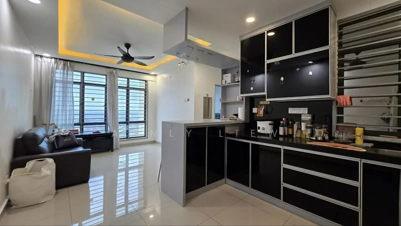 Kitchen features: black cabinetry with silver handles, white countertop, stainless-steel sink, chrome pull-down faucet, built-in oven, freestanding range oven, refrigerator, pendant lighting, recessed downlights, open shelving, tile flooring, ceiling fan, window with horizontal blinds, view of city skyline; style: modern; view: city. Living features: 3-seater fabric sofa in dark grey, coffee table, floor-to-ceiling windows, curtains, tile flooring, ceiling fan; style: modern; view: city.
