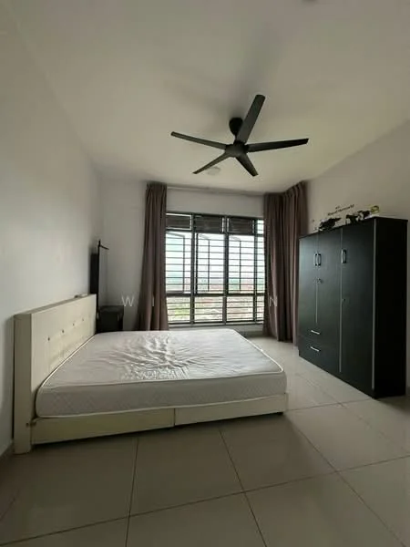 Bedroom features: queen-size bed, upholstered headboard, 2 bedside lamps, built-in wardrobe with sliding doors, floor-to-ceiling windows, sheer curtains, 5-blade ceiling fan with light, white painted walls, tile flooring; style: modern; view: city.