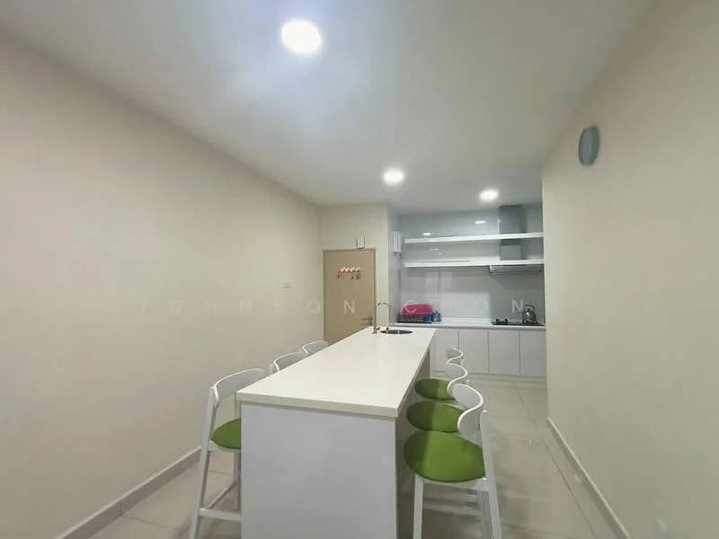 Kitchen features: white painted walls, tile flooring, long white countertop, bar seating with green upholstered stools, built-in cabinetry, stainless-steel sink, chrome faucet, recessed LED downlights, open layout, kitchen appliances visible; style: modern.