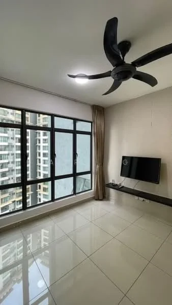 Living features: 5-blade ceiling fan with light, floor-to-ceiling windows, curtains, wall-mounted TV, TV console, polished tile flooring, neutral wall colour, decorative wall paneling; style: modern; view: city.