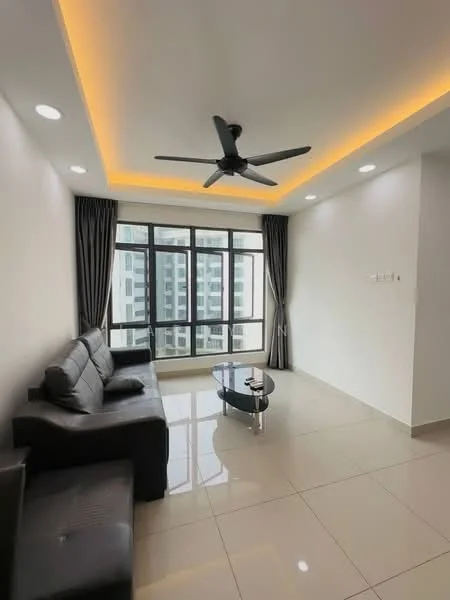 Living features: 3-seater leather sofa in black, glass coffee table, floor-to-ceiling windows, grey curtains, recessed LED downlights, 5-blade ceiling fan with light, cream painted walls, glossy tile flooring; style: modern; view: city.