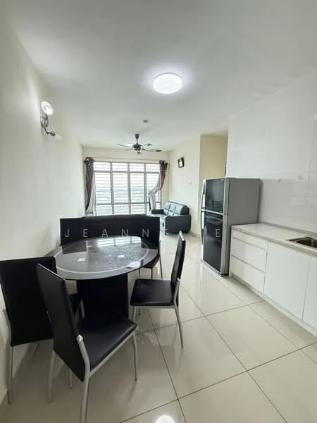 Dining features: round dining table, 4 black dining chairs, white kitchen cabinetry, stainless-steel fridge, single-bowl stainless-steel sink, white tiled backsplash, grey wall, ceiling fan with light, large windows with city view, polished ceramic tile flooring; style: modern; view: city. Living features: black leather sofa, wall-mounted TV, large windows, ceiling fan, polished ceramic tile flooring; style: modern; view: city.
