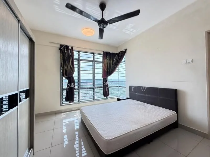 Bedroom features: floor-to-ceiling windows, blackout curtains, queen-size bed, ceiling fan, light fixture, white painted walls, glossy tile flooring, built-in wardrobe; style: modern; view: city.