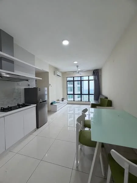 Kitchen features: white cabinetry, marble countertop, stainless-steel sink, 4-burner gas hob, built-in oven, stainless-steel range hood, refrigerator, white tiled backsplash, ceramic tile flooring, recessed downlights, wall-mounted split AC; style: modern; view: city. Dining features: glass dining table, 4 white dining chairs, green upholstered chairs; style: modern; view: city.
