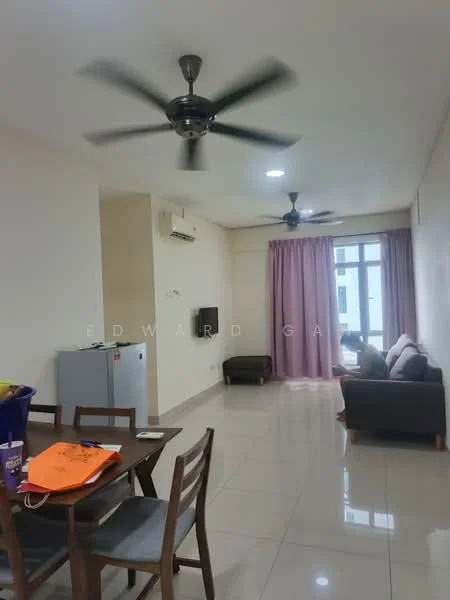Living features: 2-seater sofa in dark color, 3-blade ceiling fan, wall-mounted split AC, large window with sheer curtains, light-colored walls, glossy tile flooring, recessed ceiling lights, coffee table, decorative wall art, curtains in light purple, TV console, area rug; style: modern; view: city. Dining features: 4-seater wooden dining table, wooden dining chairs, refrigerator, open shelving, decorative items on table; style: modern.