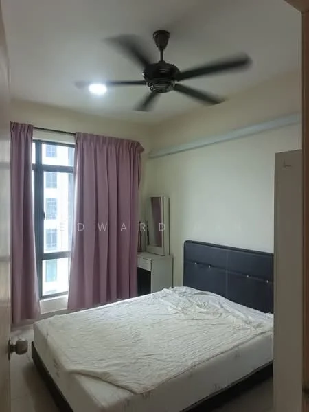 Bedroom features: queen-size bed, upholstered headboard, ceiling fan, floor-to-ceiling window, sheer curtains, built-in wardrobe, dressing table with mirror, light-colored walls, tile flooring, recessed downlights; style: modern; view: city.