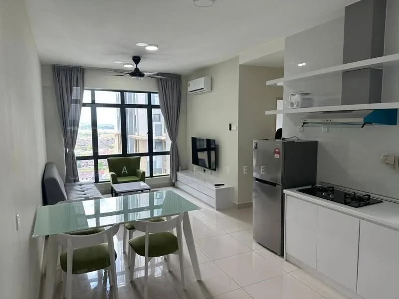 Living features: floor-to-ceiling windows, grey fabric sofa, white coffee table, wall-mounted TV, dining table with 4 white chairs, recessed downlights, ceiling fan, air conditioning unit, light-colored walls, glossy tile flooring, kitchenette with white cabinetry, stainless-steel fridge, gas stove with 2 burners; style: modern; view: city.