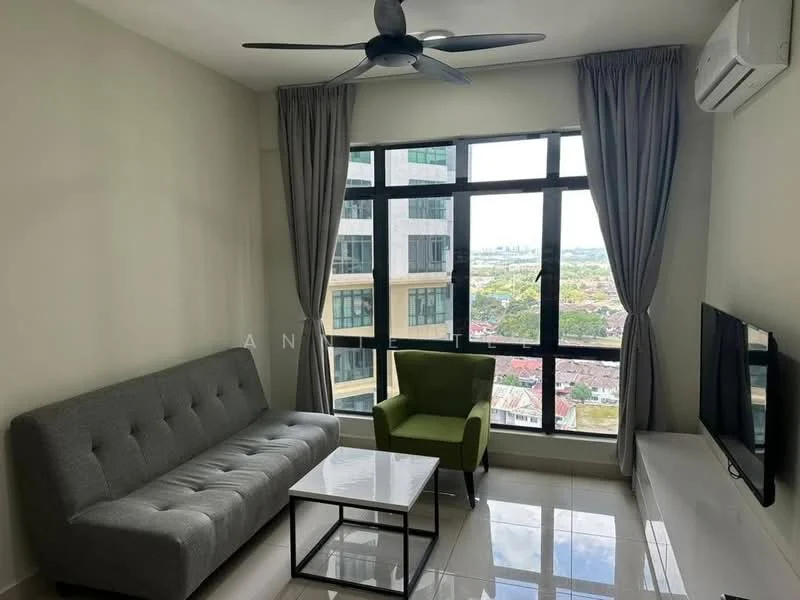 Living features: grey fabric 3-seater sofa, glass coffee table, wall-mounted TV, floor-to-ceiling windows, sheer curtains, white walls, marble tile flooring, ceiling fan with light, air conditioning unit; style: modern; view: city.
