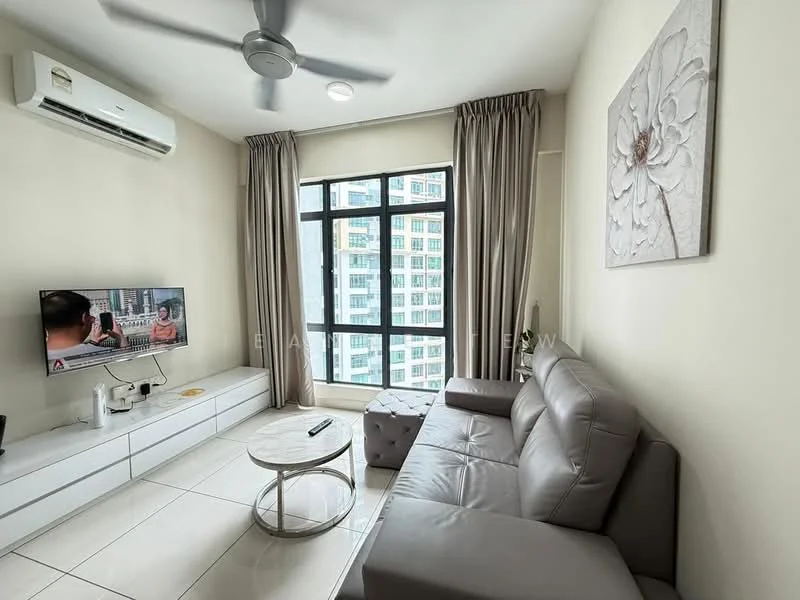 Living features: 3-seater fabric sofa in grey, round coffee table with glass top, wall-mounted TV, TV console with storage, floor-to-ceiling windows, sheer curtains, ceiling fan, air conditioning unit, decorative wall art, light-colored walls, tile flooring; style: modern; view: city.