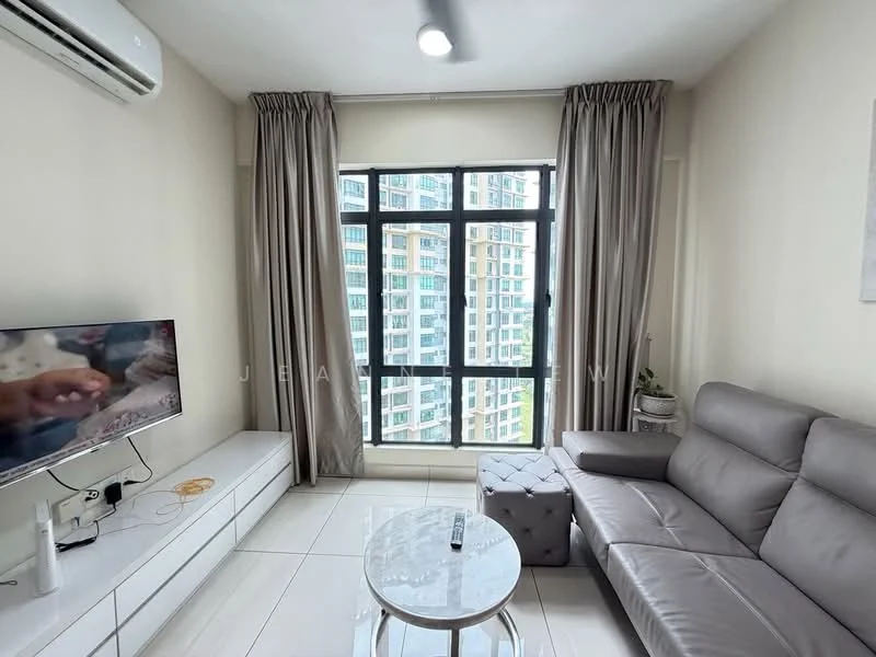 Living features: grey leather sofa, glass coffee table, white TV console, wall-mounted TV, floor-to-ceiling windows, sheer curtains, recessed downlights, 1 wall-mounted split AC, light-colored tiled flooring, decorative plant in ceramic pot; style: modern; view: city.