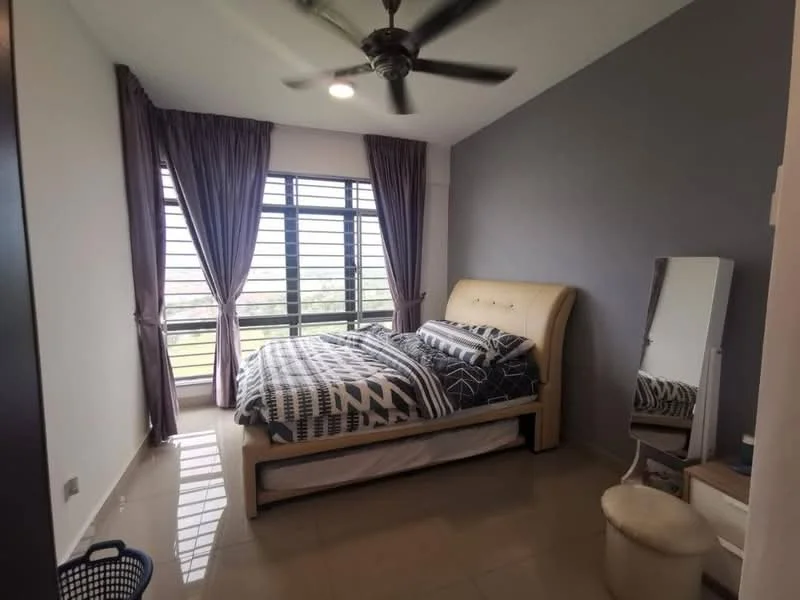 Bedroom features: king-size bed with upholstered headboard, black and white geometric patterned bedding, 2 bedside tables, floor-to-ceiling windows, grey accent wall, light grey curtains, ceiling fan with light, mirror, stool, basket, glossy tile flooring; style: modern; view: garden.