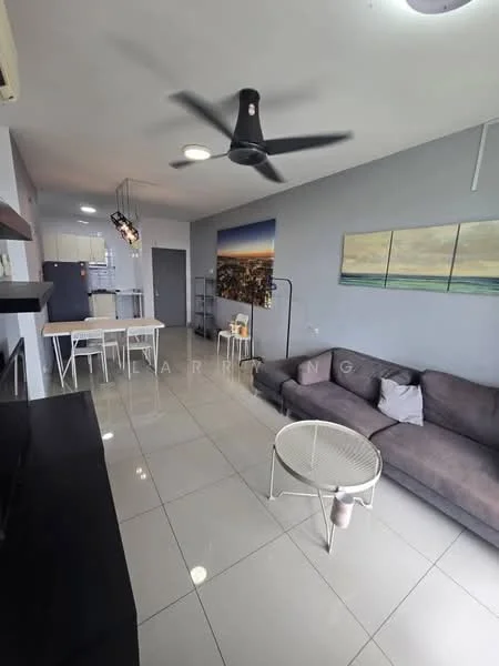 Living features: 3-seater fabric sofa in grey, coffee table, wall-mounted TV, TV console, pendant lighting, 5-blade ceiling fan, large window with city view, decorative artwork on wall, glossy tile flooring, floor lamp; style: modern; view: city. Kitchen features: white cabinetry, stainless-steel fridge, built-in oven, 4-burner gas hob, kitchen island with seating, pendant lights above island; style: modern.