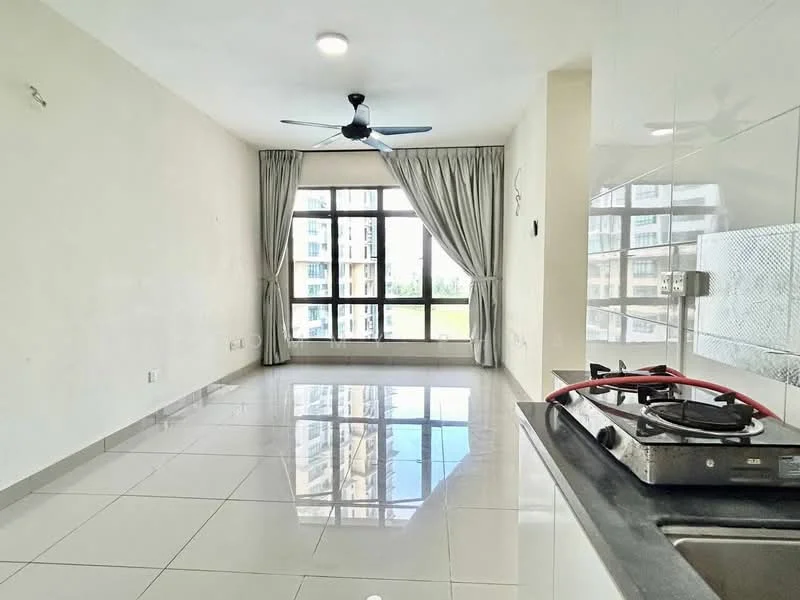 Living features: white painted walls, glossy ceramic tile flooring, 5-blade ceiling fan with light, floor-to-ceiling windows, curtains, open layout, kitchenette with gas stove, stainless-steel sink, countertop, natural light; style: modern; view: garden.