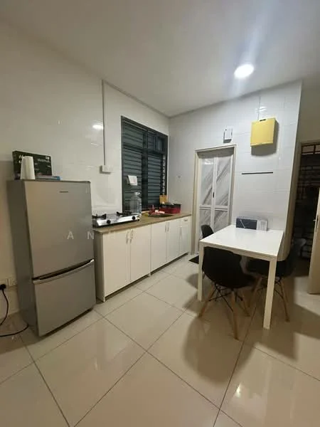 Kitchen features: white painted walls, glossy tile flooring, stainless-steel fridge, white cabinetry with handles, wood countertop, single-bowl stainless-steel sink, chrome pull-down faucet, 4-seater dining table, black upholstered dining chairs, window with horizontal blinds, recessed LED downlights; style: modern.