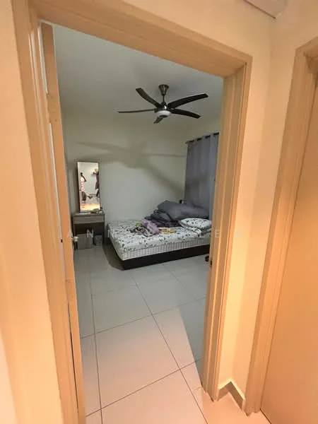 Bedroom features: queen-size bed, upholstered headboard, bedside table, full-length mirror, 5-blade ceiling fan, grey curtains, white walls, tile flooring; style: modern.