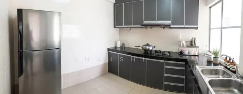 Kitchen features: stainless-steel fridge, black granite countertop, grey cabinetry, built-in gas stove, stainless-steel range hood, double-bowl stainless-steel sink, white tiled backsplash, ceramic tile flooring, window with natural light, kitchen utensils on countertop, wall-mounted shelves, decorative plant; style: modern.