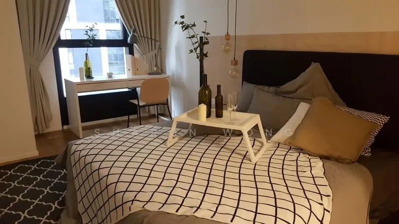Bedroom features: king-size bed with grey bedding, upholstered headboard, decorative throw pillows, white bedside table, glass of wine on bedside table, two wine bottles on bedside table, desk with chair, floor-to-ceiling window, curtains, area rug with geometric pattern, wooden flooring, wall-mounted light fixtures; style: modern; view: city.