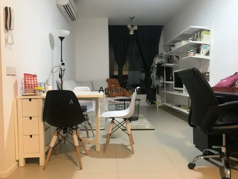 Living features: white painted walls, light grey tiled flooring, 1 wall-mounted split AC, black and white dining chairs, white dining table, black office chair, open shelving unit, floor lamp, black curtain, decorative items on shelves, basket, study desk, wall-mounted intercom; style: modern.