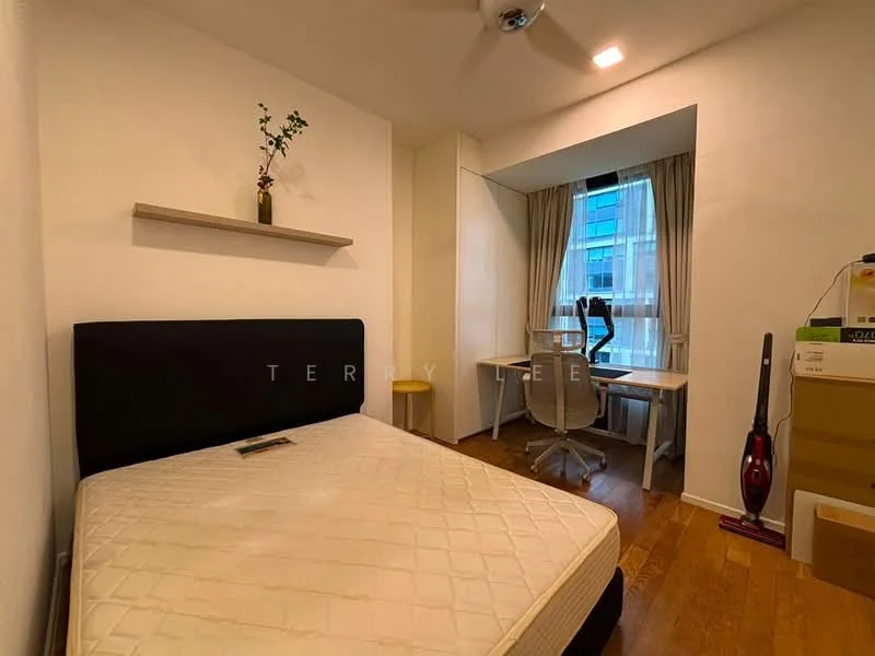 Bedroom features: queen-size bed, wooden flooring, white painted walls, ceiling fan, floor-to-ceiling window, curtains, desk with chair, shelf above bed, vacuum cleaner, wooden storage cabinet; style: modern; view: city.