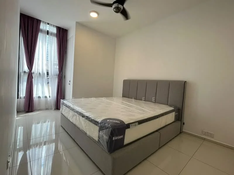 Bedroom features: king-size bed with mattress, upholstered headboard, grey fabric bed frame, floor-to-ceiling windows, sheer curtains, dark purple curtains, white painted walls, glossy tile flooring, ceiling fan with light, built-in wardrobe; style: modern.