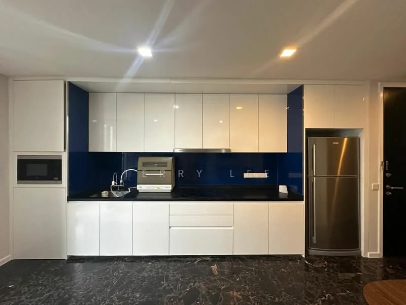 Kitchen features: white flat-panel cabinets, blue backsplash, black countertop, stainless-steel built-in oven, stainless-steel microwave, stainless-steel fridge, single-bowl stainless-steel sink, chrome pull-down faucet, induction cooktop, recessed LED downlights, marble tile flooring; style: modern.