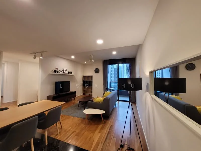 Living features: 3-seater fabric sofa in grey, coffee table, TV console, wall-mounted TV, area rug, floor-to-ceiling windows, curtains, ceiling fan with light, wooden flooring, decorative wall clock, wall-mounted mirror, dining table with 6 chairs; style: modern; view: city.