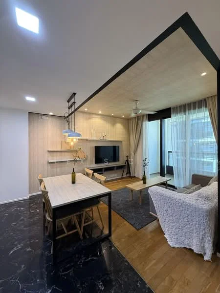 Living features: sofa in light grey fabric, wooden dining table, 4 wooden dining chairs, black area rug, wall-mounted TV, shelf unit with decorative items, ceiling fan with light, large windows with sheer curtains, wooden flooring, black accent wall, recessed lighting, decorative vase with flowers; style: modern; view: garden.