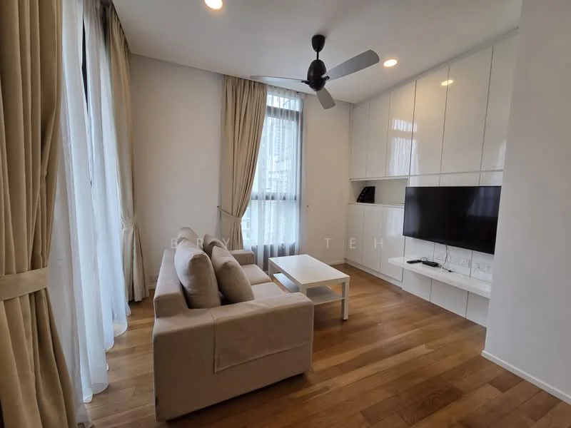 Living features: 3-seater fabric sofa in beige, white coffee table, wall-mounted TV, built-in cabinetry with white finish, floor-to-ceiling windows, sheer curtains, 5-blade ceiling fan with light, wooden flooring, recessed downlights; style: modern; view: city.