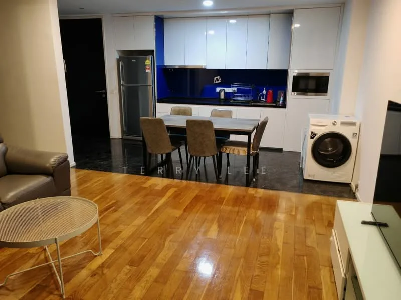 Living features: 3-seater grey leather sofa, wooden coffee table, TV console, wall-mounted TV, wooden flooring, recessed downlights, open layout to kitchen, large windows, black accent wall; style: modern. Kitchen features: white cabinetry, black countertop, stainless-steel fridge, built-in oven, electric kettle, toaster, dishwasher, washing machine, ceramic tile backsplash; style: modern.